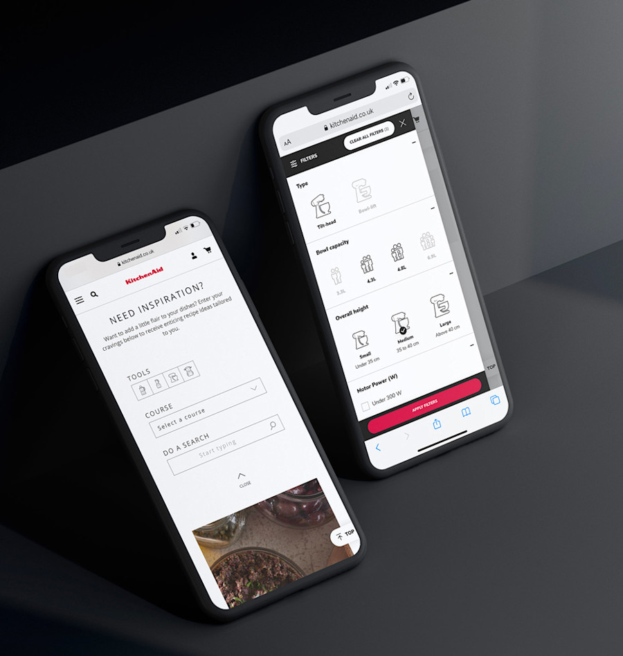 Mobile mockups of KitchenAid website